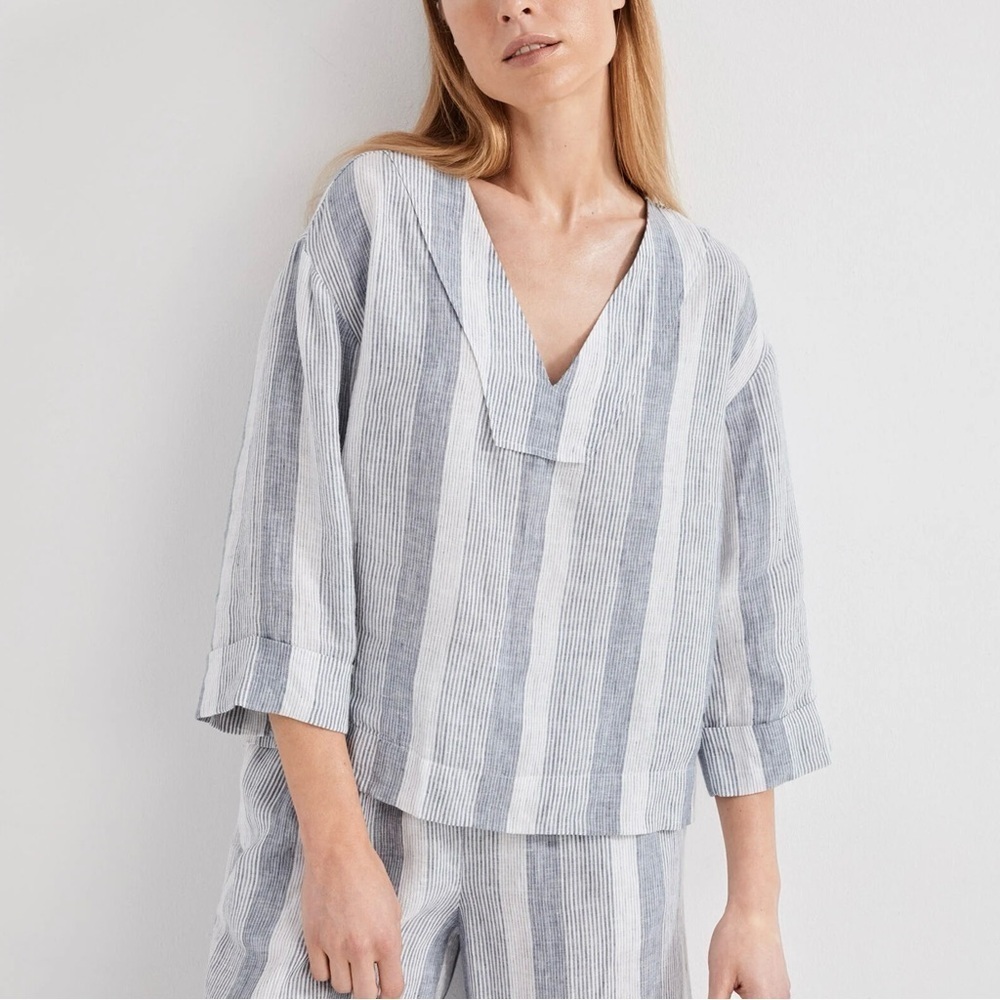 Haven Well Within Ombre Striped Linen V-Neck Top • Size M • 3/4 Sleeve Coastal